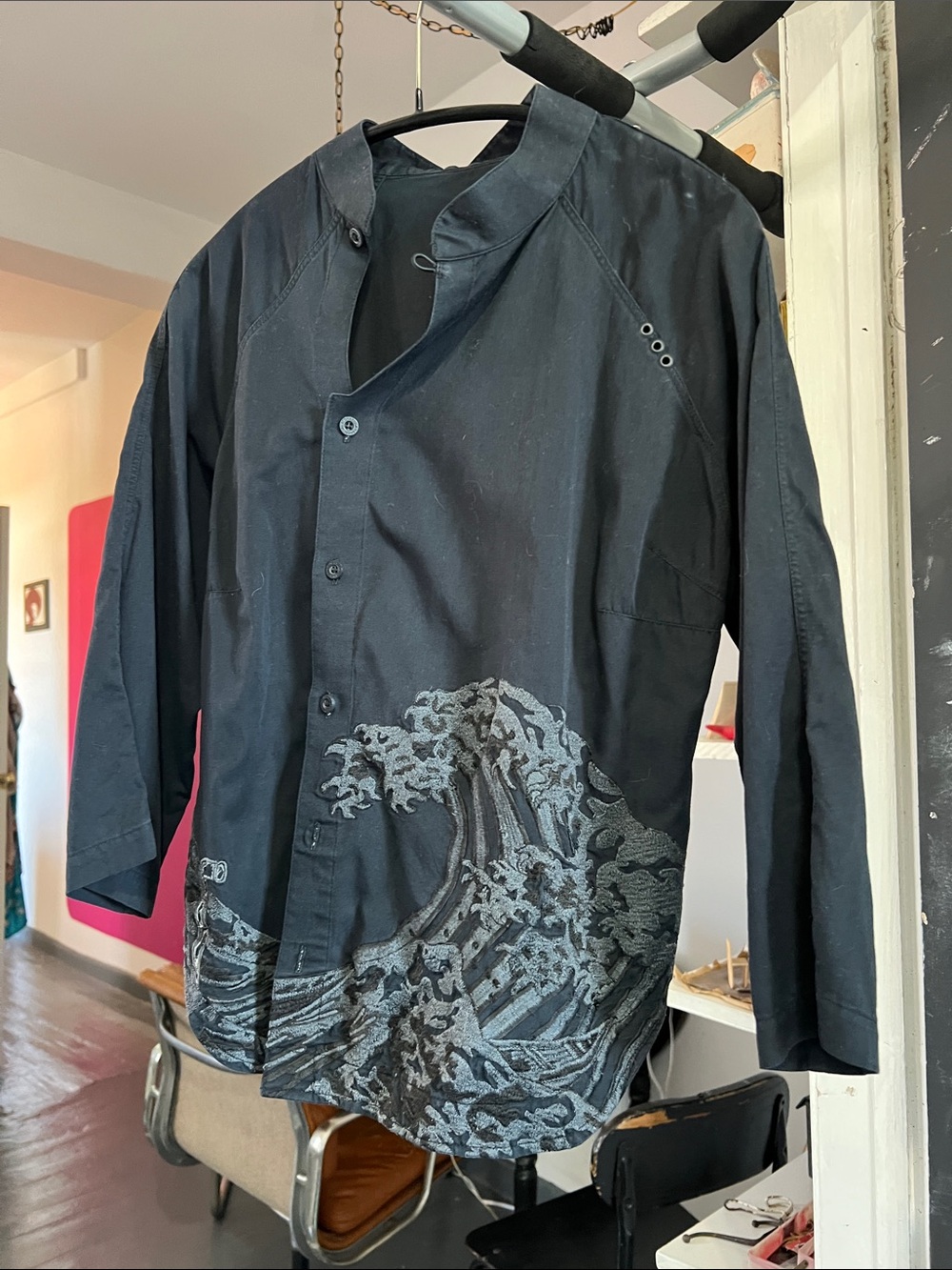 Women’s Black Button-Up Shirt with Wave Detail
